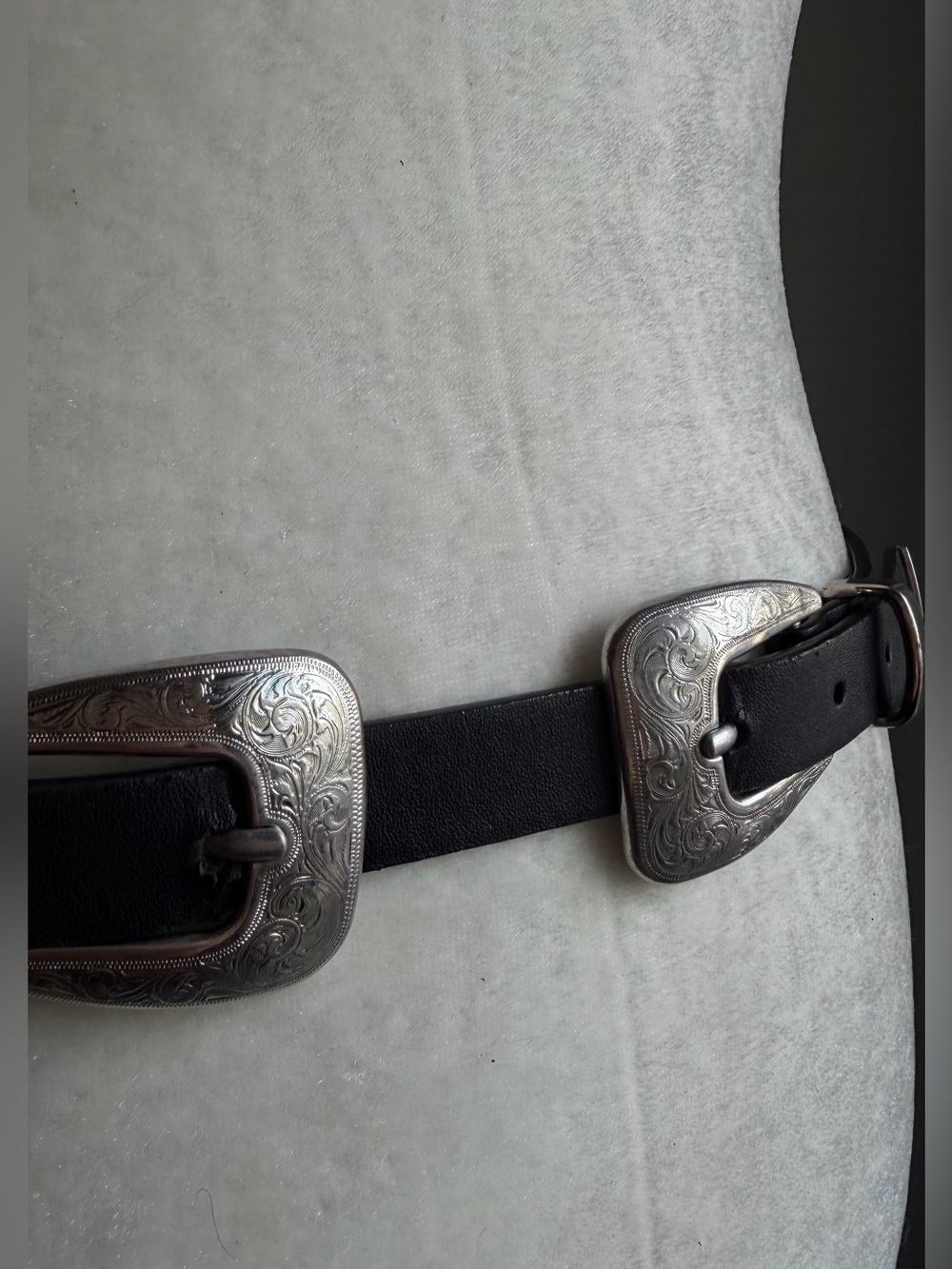 Western Double Buckle Belt Unisex Engraved Silver Tone Hardware Size S